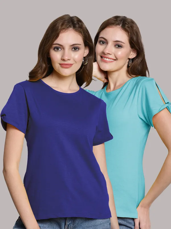Pack_of_2_Blue_&_Turquoise_Blue_Cotton_Round_Neck_T-Shirt_For_Women