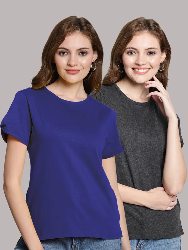 Pack_of_2_Blue_&_Grey_Cotton_Round_Neck_T-Shirt_For_Women