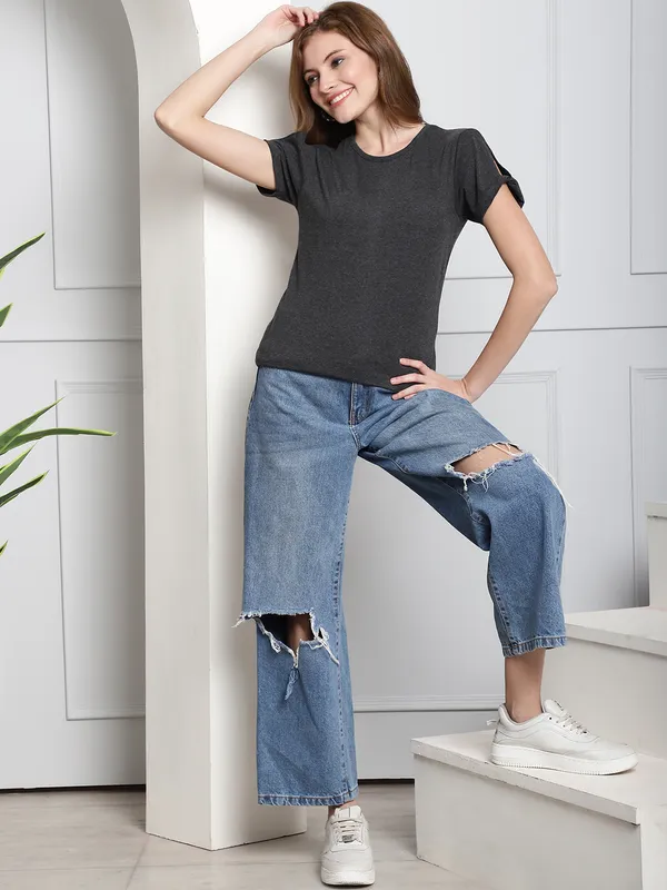 Pack_of_2_Blue_&_Grey_Cotton_Round_Neck_T-Shirt_For_Women