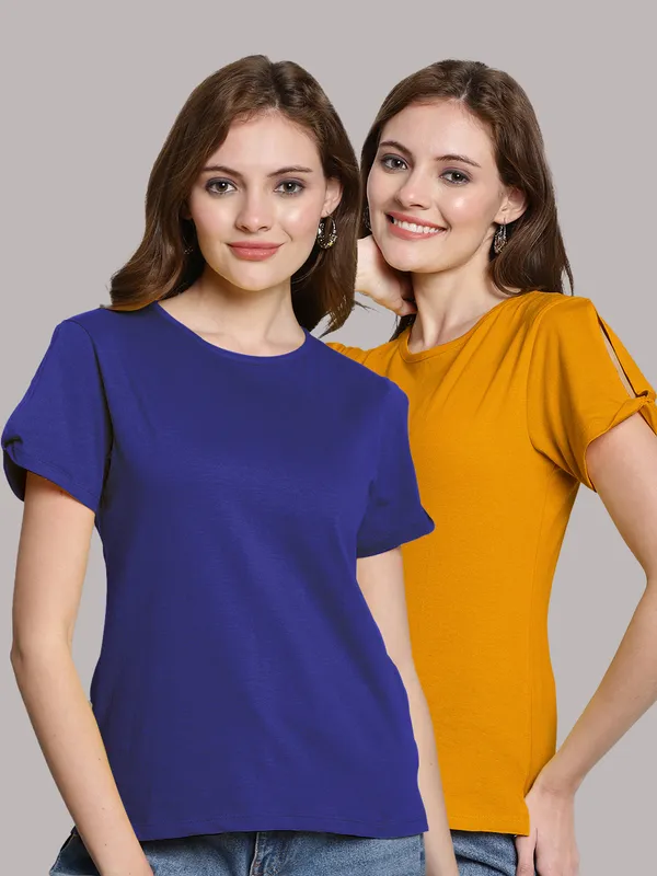 Pack_of_2_Blue_&_Mustard_Cotton_Round_Neck_T-Shirt_For_Women
