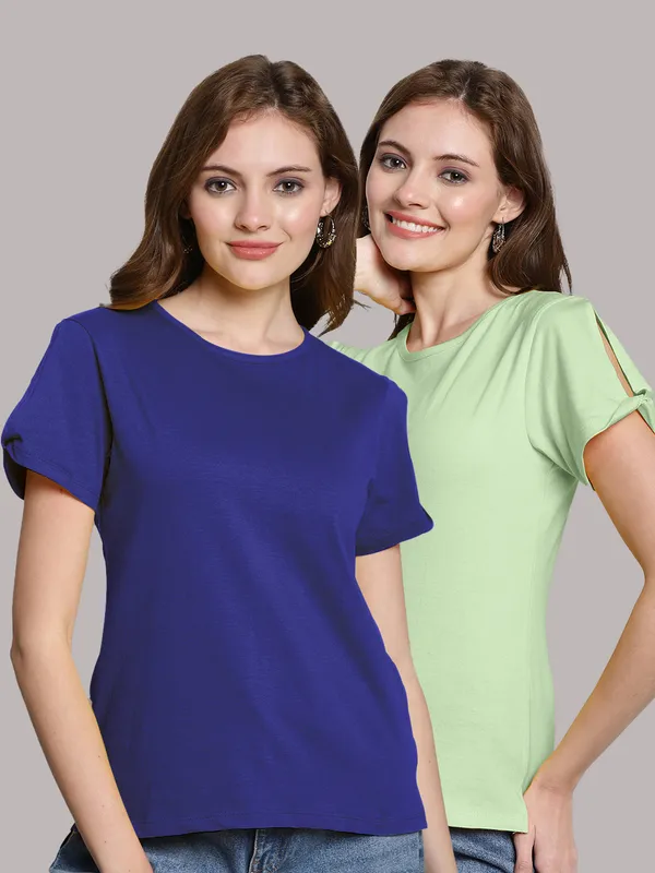 Pack_of_2_Blue_&_Sea_Green_Cotton_Round_Neck_T-Shirt_For_Women