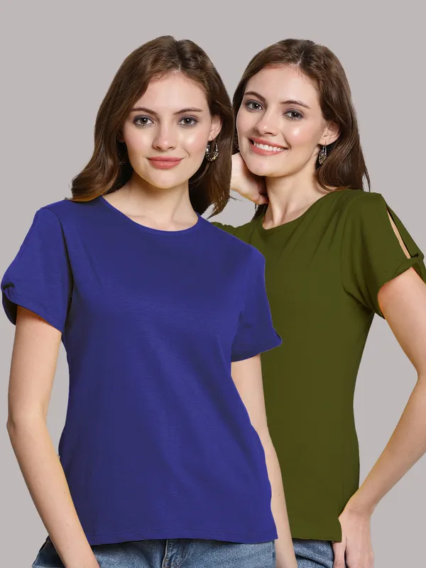 Pack_of_2_Blue_&_Olive_Green_Cotton_Round_Neck_T-Shirt_For_Women