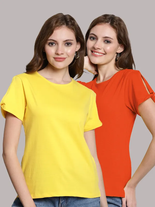 Pack_of_2_Yellow_&_Orange_Cotton_Round_Neck_T-Shirt_For_Women