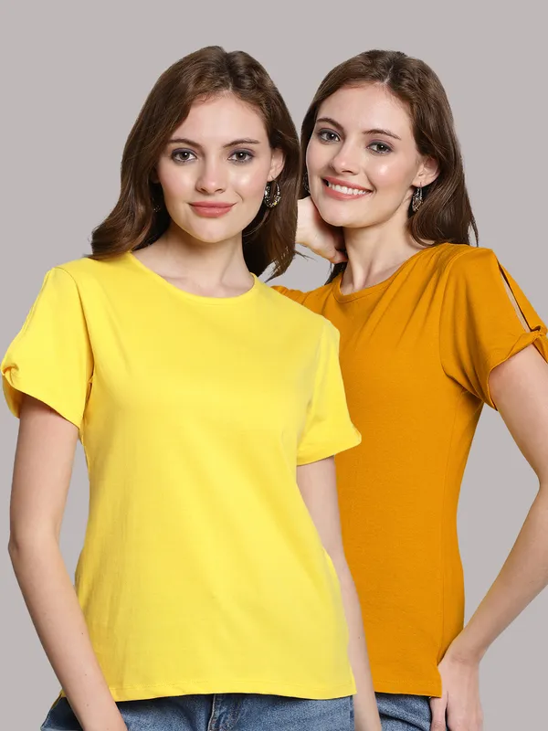 Pack_of_2_Yellow_&_Mustard_Cotton_Round_Neck_T-Shirt_For_Women