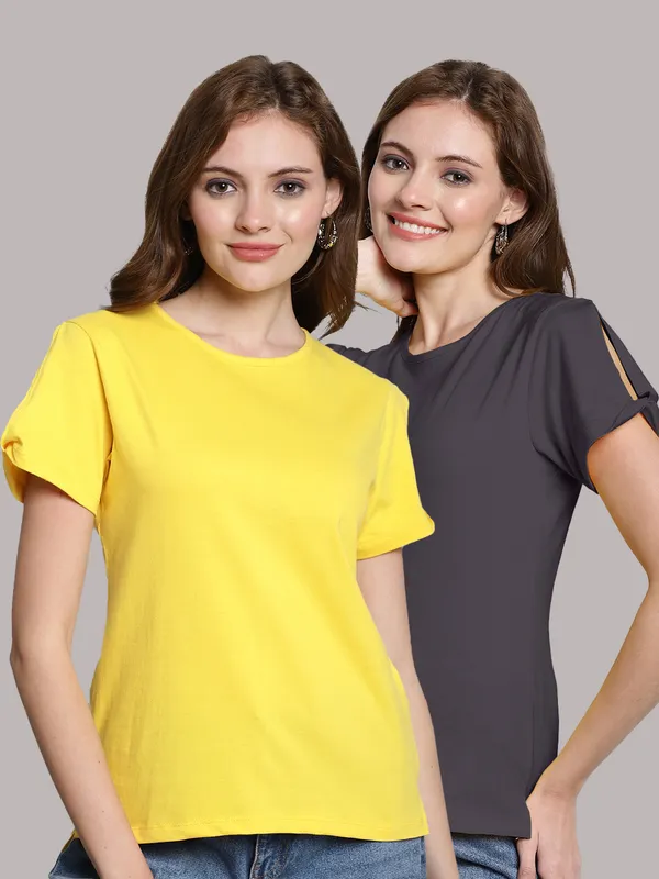 Pack_of_2_Yellow_&_Grey_Cotton_Round_Neck_T-Shirt_For_Women