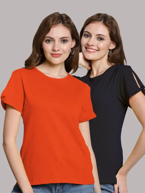 Pack_of_2_Orange_&_Navy_Blue_Cotton_Round_Neck_T-Shirt_For_Women