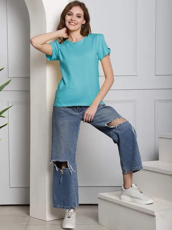 Pack_of_2_Orange_&_Turquoise_Blue_Cotton_Round_Neck_T-Shirt_For_Women