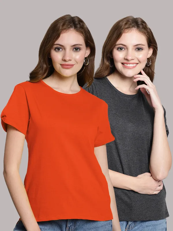 Pack_of_2_Orange_&_Grey_Cotton_Round_Neck_T-Shirt_For_Women