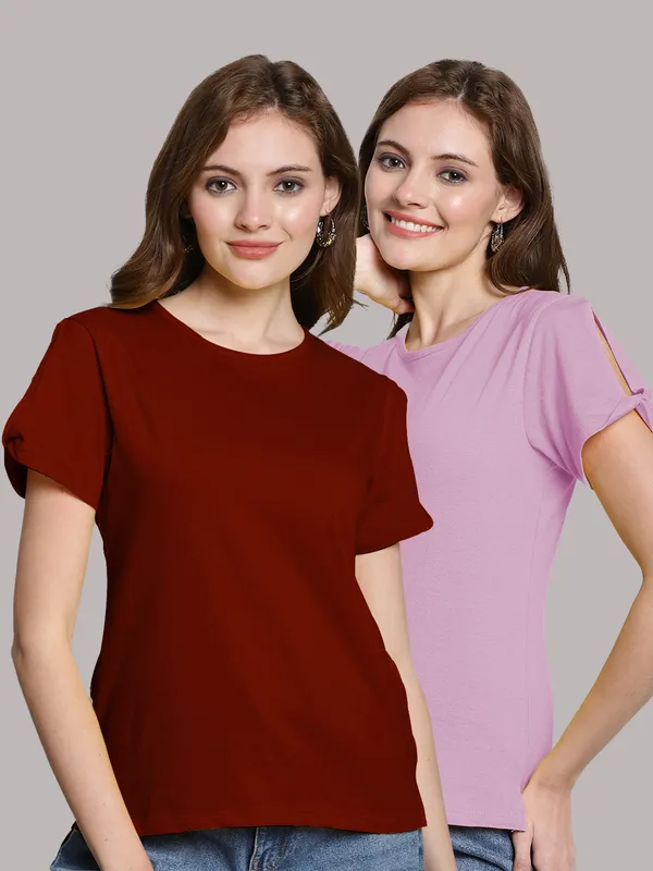 Pack_of_2_Maroon_&_Purple_Cotton_Round_Neck_T-Shirt_For_Women