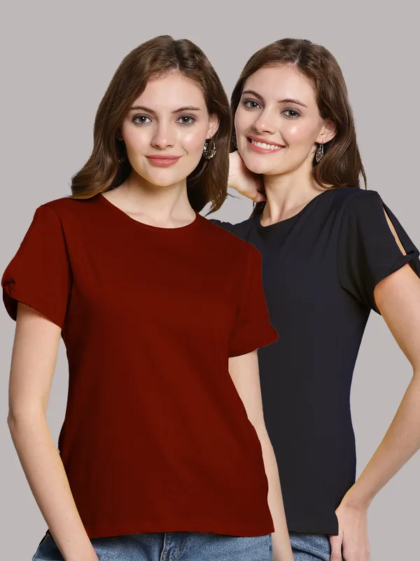 Pack_of_2_Maroon_&_Navy_Blue_Cotton_Round_Neck_T-Shirt_For_Women