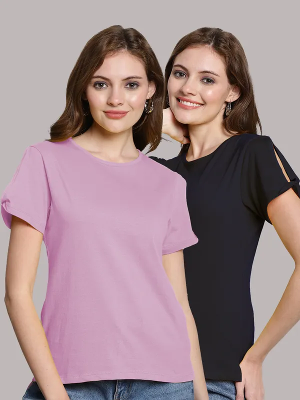 Pack_of_2_Purple_&_Navy_Blue_Cotton_Round_Neck_T-Shirt_For_Women