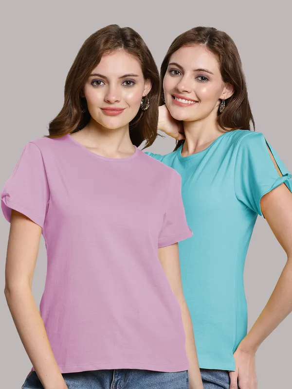 Pack_of_2_Purple_&_Turquoise_Blue_Cotton_Round_Neck_T-Shirt_For_Women