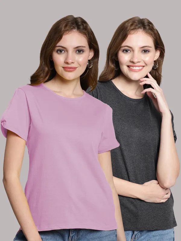 Pack_of_2_Purple_&_Grey_Cotton_Round_Neck_T-Shirt_For_Women