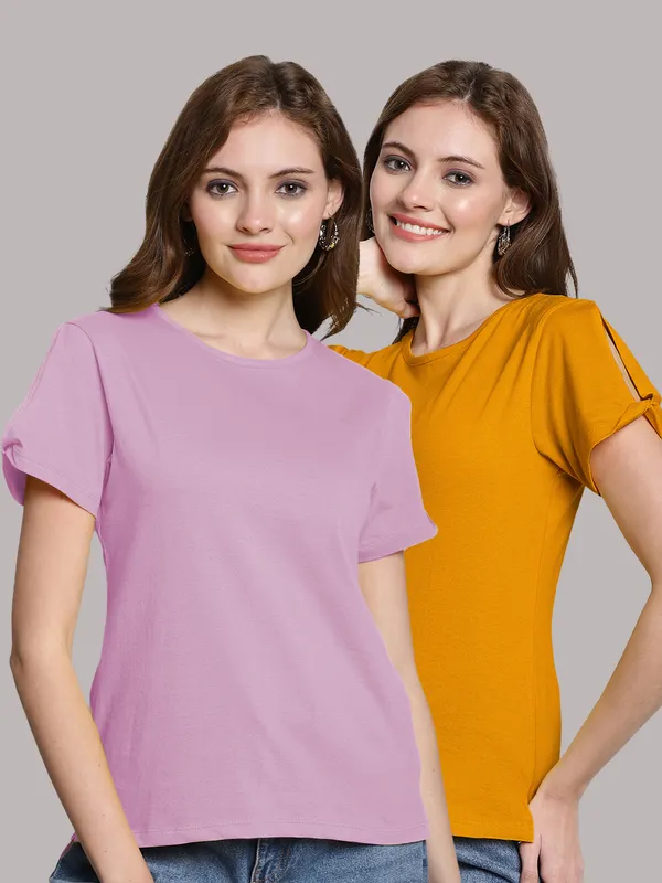 Pack_of_2_Purple_&_Mustard_Cotton_Round_Neck_T-Shirt_For_Women