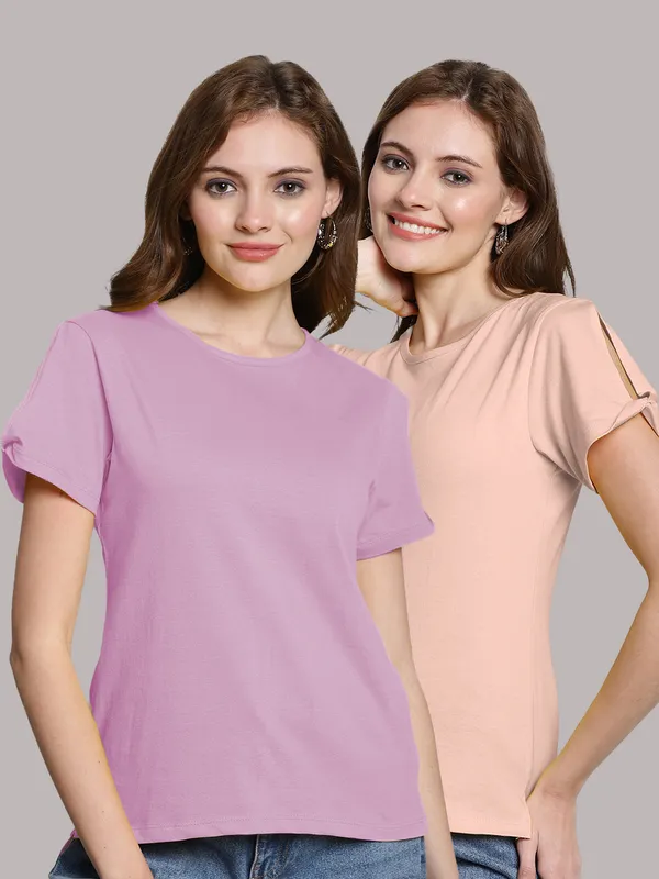 Pack_of_2_Purple_&_Coral_Cotton_Round_Neck_T-Shirt_For_Women