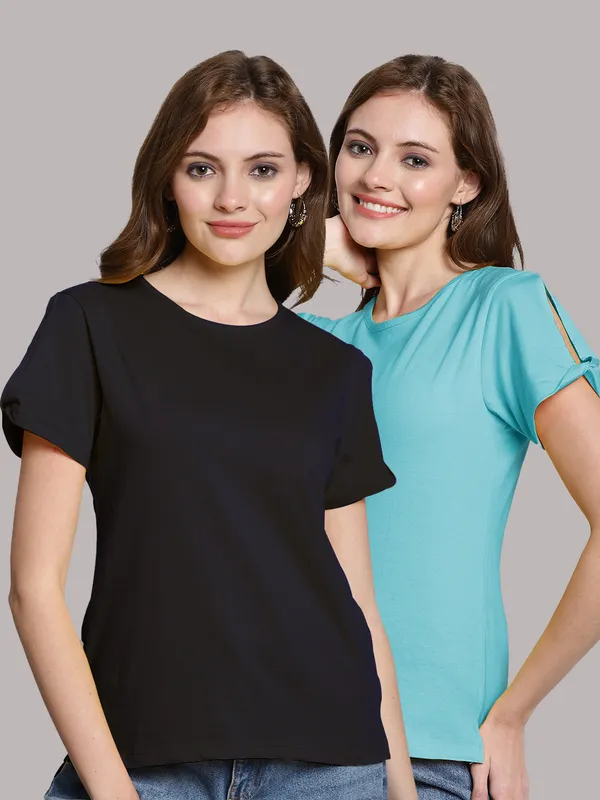 Pack_of_2_Navy_Blue_&_Turquoise_Blue_Cotton_Round_Neck_T-Shirt_For_Women