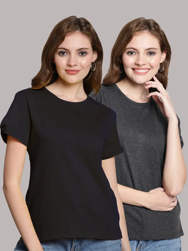 Pack_of_2_Navy_Blue_&_Grey_Cotton_Round_Neck_T-Shirt_For_Women