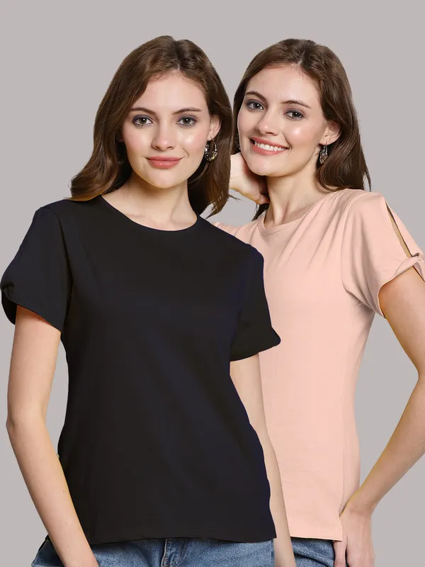 Pack_of_2_Navy_Blue_&_Coral_Cotton_Round_Neck_T-Shirt_For_Women