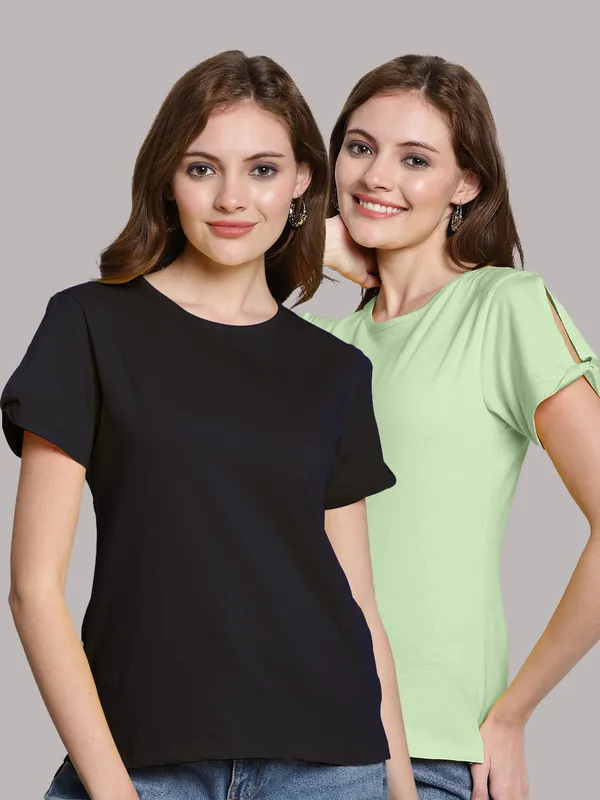 Pack_of_2_Navy_Blue_&_Sea_Green_Cotton_Round_Neck_T-Shirt_For_Women