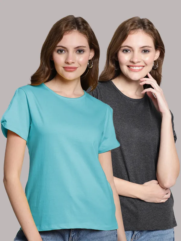 Pack_of_2_Turquoise_Blue_&_Grey_Cotton_Round_Neck_T-Shirt_For_Women