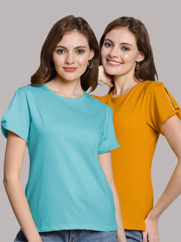 Pack_of_2_Turquoise_Blue_&_Mustard_Cotton_Round_Neck_T-Shirt_For_Women