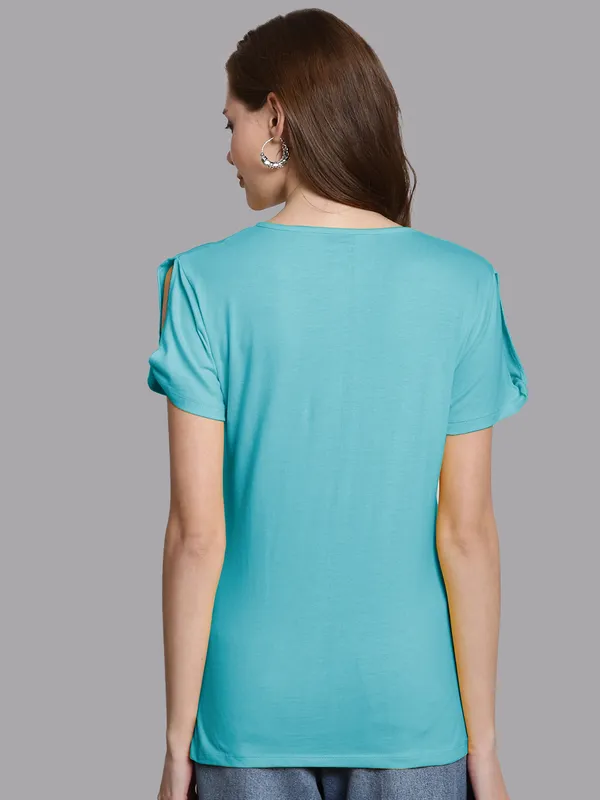Pack_of_2_Turquoise_Blue_&_Coral_Cotton_Round_Neck_T-Shirt_For_Women