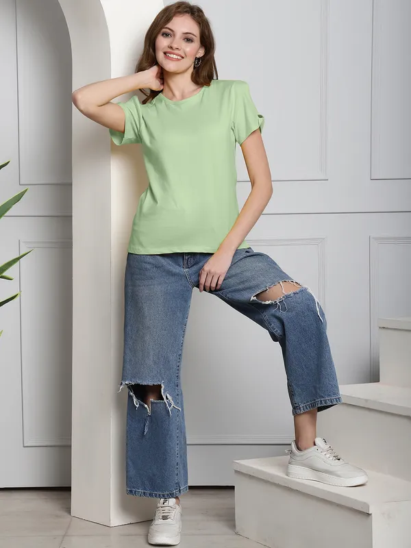 Pack_of_2_Turquoise_Blue_&_Sea_Green_Cotton_Round_Neck_T-Shirt_For_Women