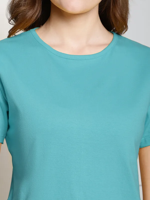 Pack_of_2_Turquoise_Blue_&_Sea_Green_Cotton_Round_Neck_T-Shirt_For_Women