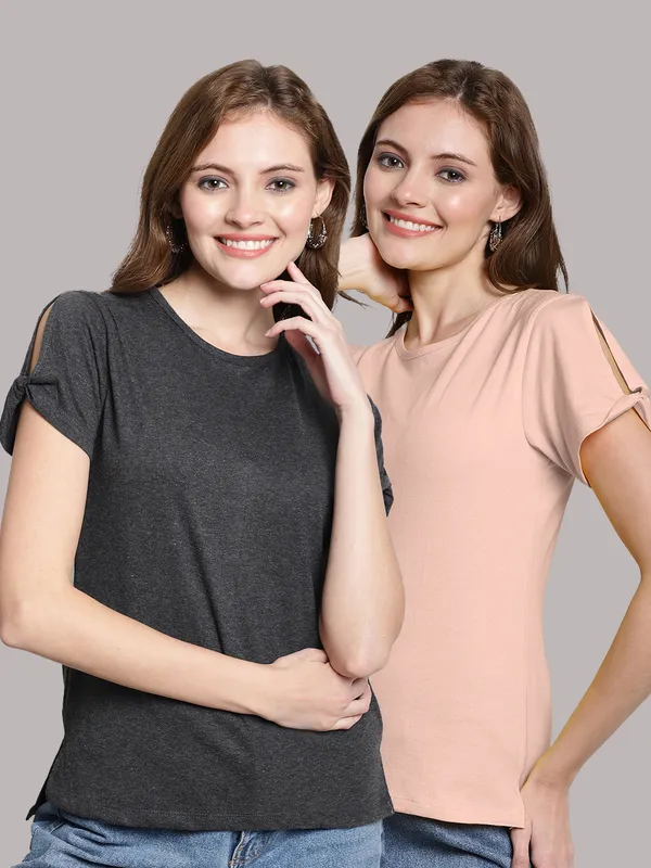 Pack_of_2_Grey_&_Coral_Cotton_Round_Neck_T-Shirt_For_Women