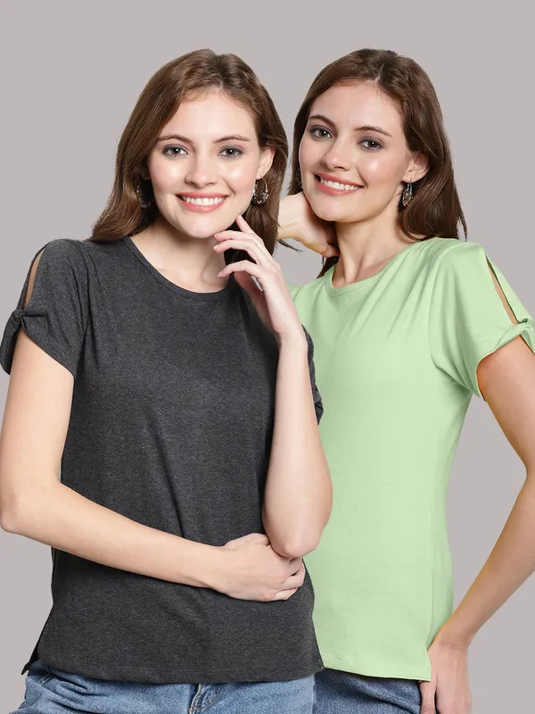 Pack_of_2_Grey_&_Sea_Green_Cotton_Round_Neck_T-Shirt_For_Women