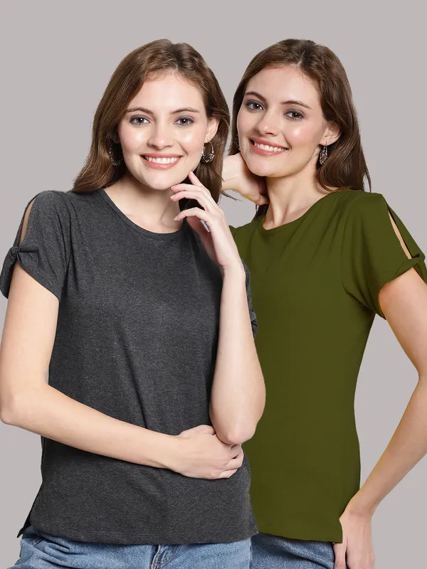 Pack_of_2_Grey_&_Olive_Green_Cotton_Round_Neck_T-Shirt_For_Women