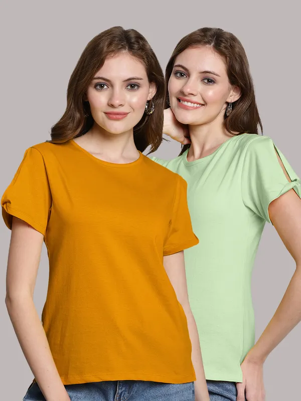 Pack_of_2_Mustard_&_Sea_Green_Cotton_Round_Neck_T-Shirt_For_Women