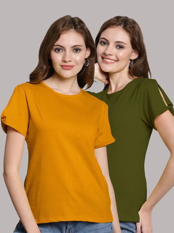 Pack_of_2_Mustard_&_Olive_Green_Cotton_Round_Neck_T-Shirt_For_Women