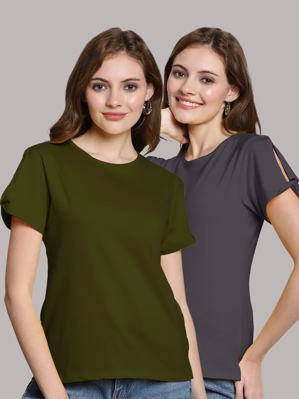 Pack_of_2_Olive_Green_&_Grey_Cotton_Round_Neck_T-Shirt_For_Women