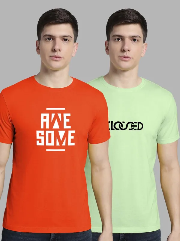 Pack_of_2_Orange_&_Sea_Green_Cotton_Rib_Trimmed_Neckline_Printed_T-Shirt_For_Men