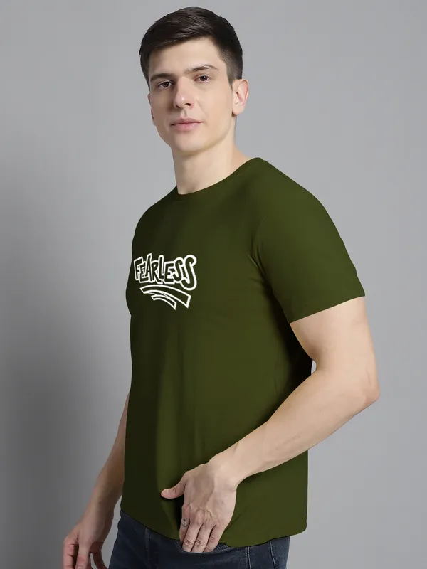 Olive_Green_Cotton_Fearless_Print_Round_Neck_T-Shirt_For_Men