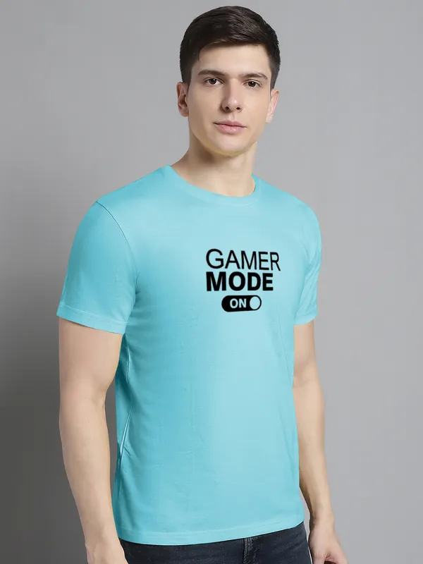 Turquoise_Blue_Cotton_Gamer_Mode_On_Print_Round_Neck_T-Shirt_For_Men
