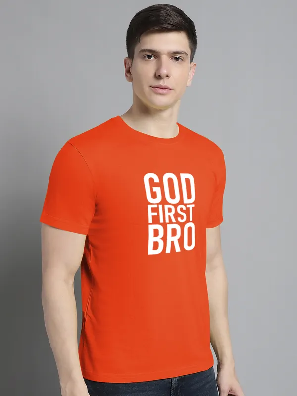 Orange_Cotton_God_First_Bro_Print_Round_Neck_T-Shirt_For_Men