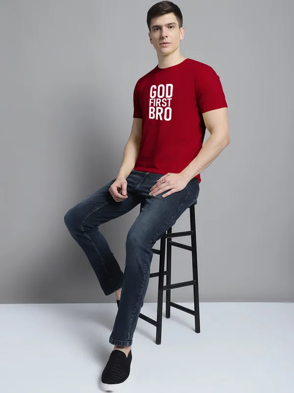 Maroon_Cotton_God_First_Bro_Print_Round_Neck_T-Shirt_For_Men
