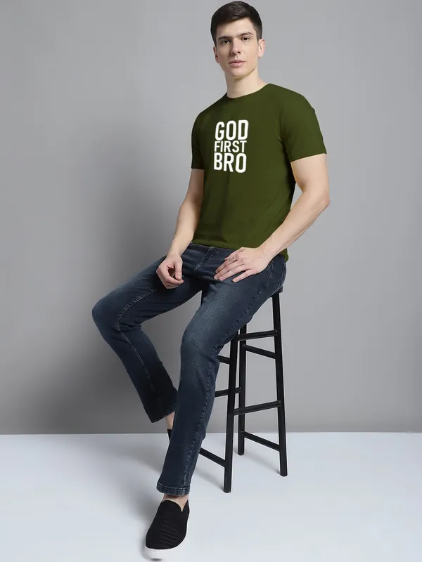 Olive_Green_Cotton_God_First_Bro_Print_Round_Neck_T-Shirt_For_Men