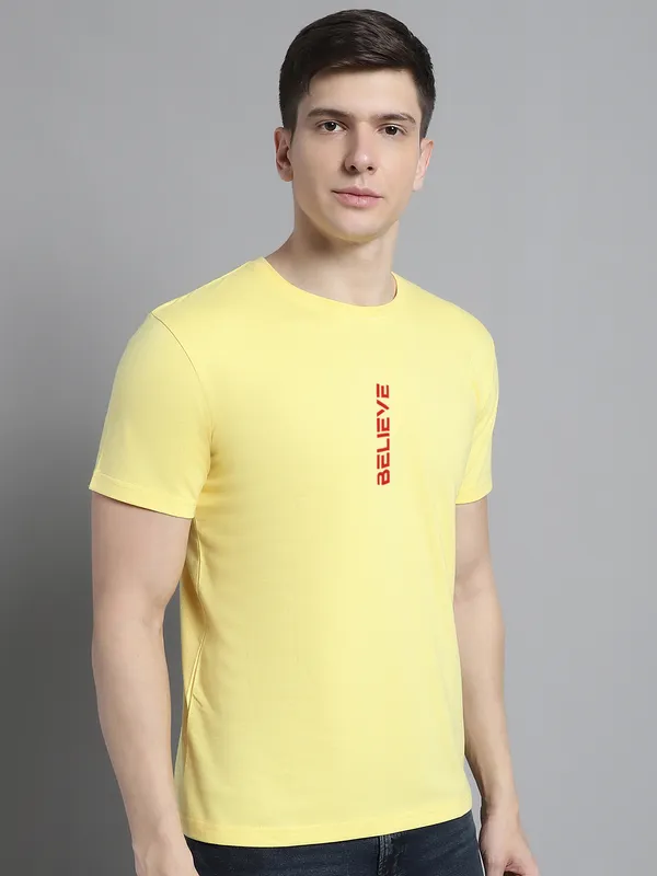 Yellow_Cotton_Believe_Print_Round_Neck_T-Shirt_For_Men
