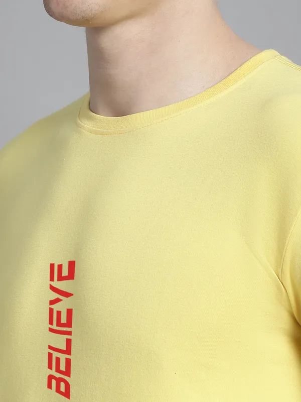 Yellow_Cotton_Believe_Print_Round_Neck_T-Shirt_For_Men
