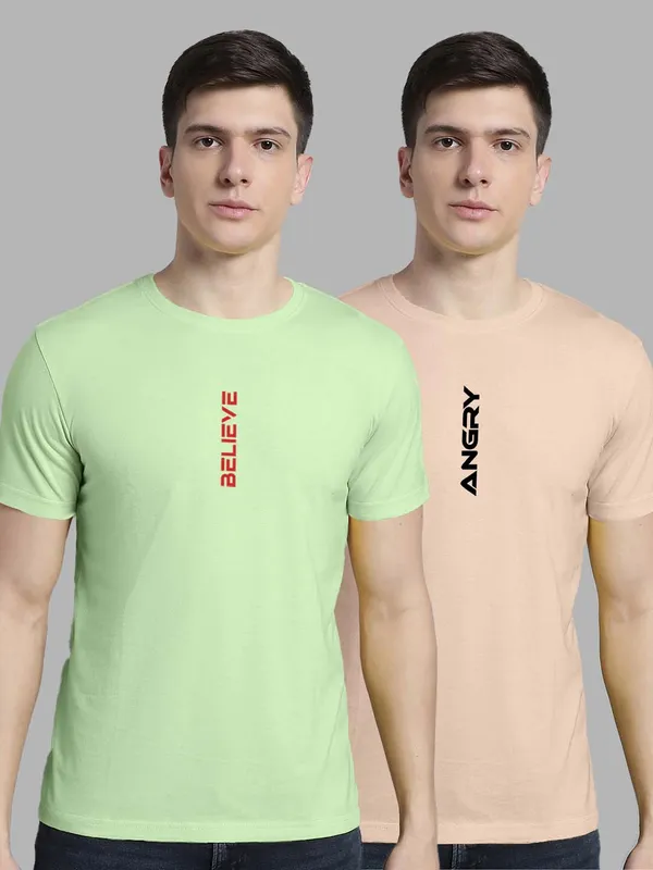 Pack_of_2_Sea_Green_&_Coral_Cotton_Rib_Trimmed_Neckline_Printed_T-Shirt_For_Men