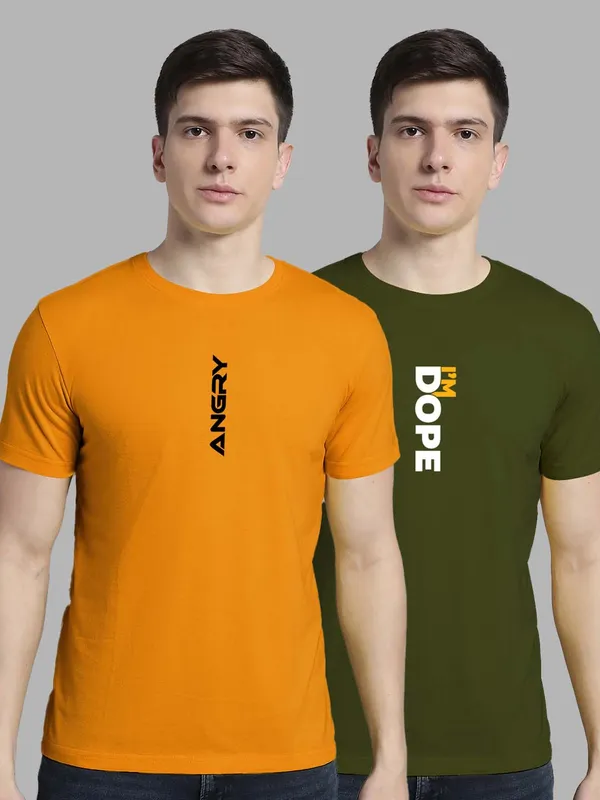 Pack_of_2_Mustard_&_Olive_Green_Cotton_Rib_Trimmed_Neckline_Printed_T-Shirt_For_Men