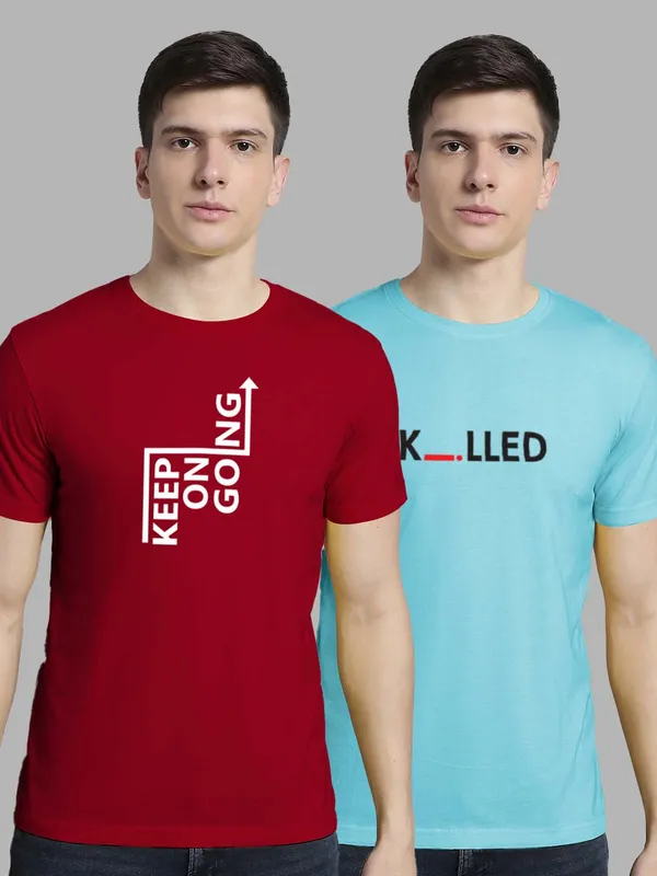 Pack_of_2_Maroon_&_Turquoise_Blue_Cotton_Rib_Trimmed_Neckline_Printed_T-Shirt_For_Men