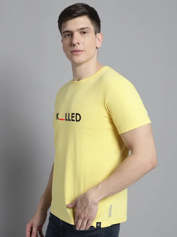 Yellow_Cotton_Killed_Print_Round_Neck_T-Shirt_For_Men