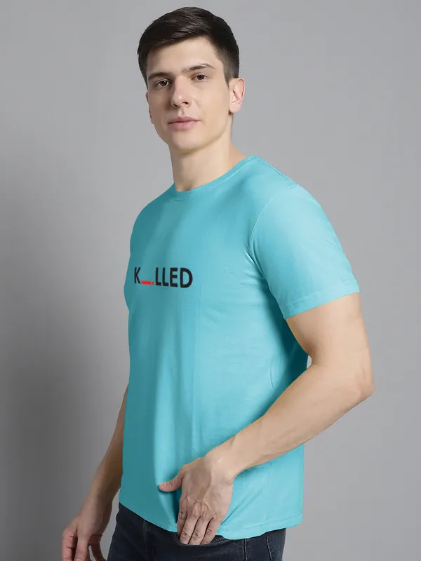 Turquoise_Blue_Cotton_Killed_Print_Round_Neck_T-Shirt_For_Men