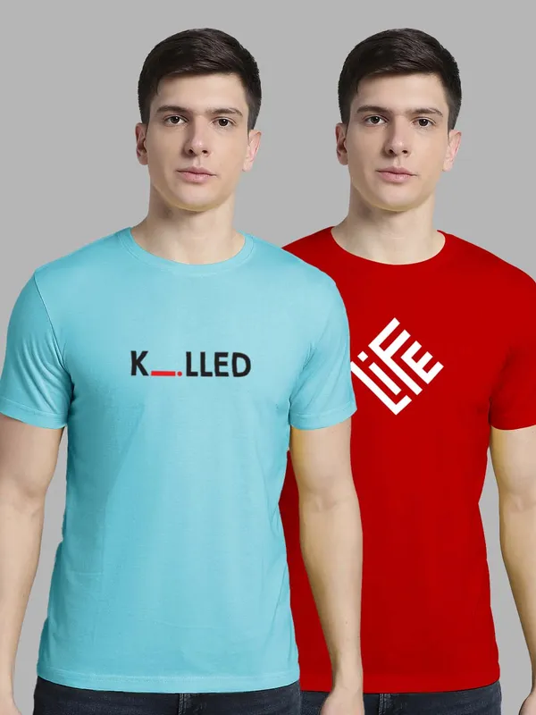 Pack_of_2_Turquoise_Blue_&_Red_Cotton_Rib_Trimmed_Neckline_Printed_T-Shirt_For_Men