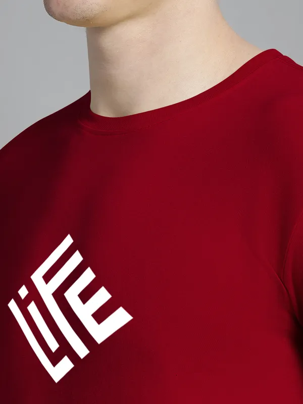 Maroon_Cotton_Life_Print_Round_Neck_T-Shirt_For_Men