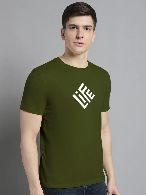 Olive_Green_Cotton_Life_Print_Round_Neck_T-Shirt_For_Men
